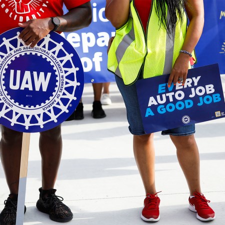 Members of the United Auto Workers gather for a rally ahead of a potential UAW strike against the Big Three automakers