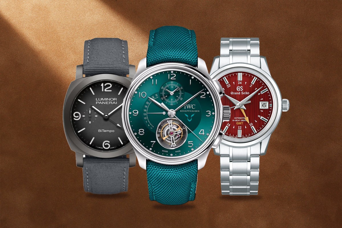 A gray watch, a green watch and a silver and red watch