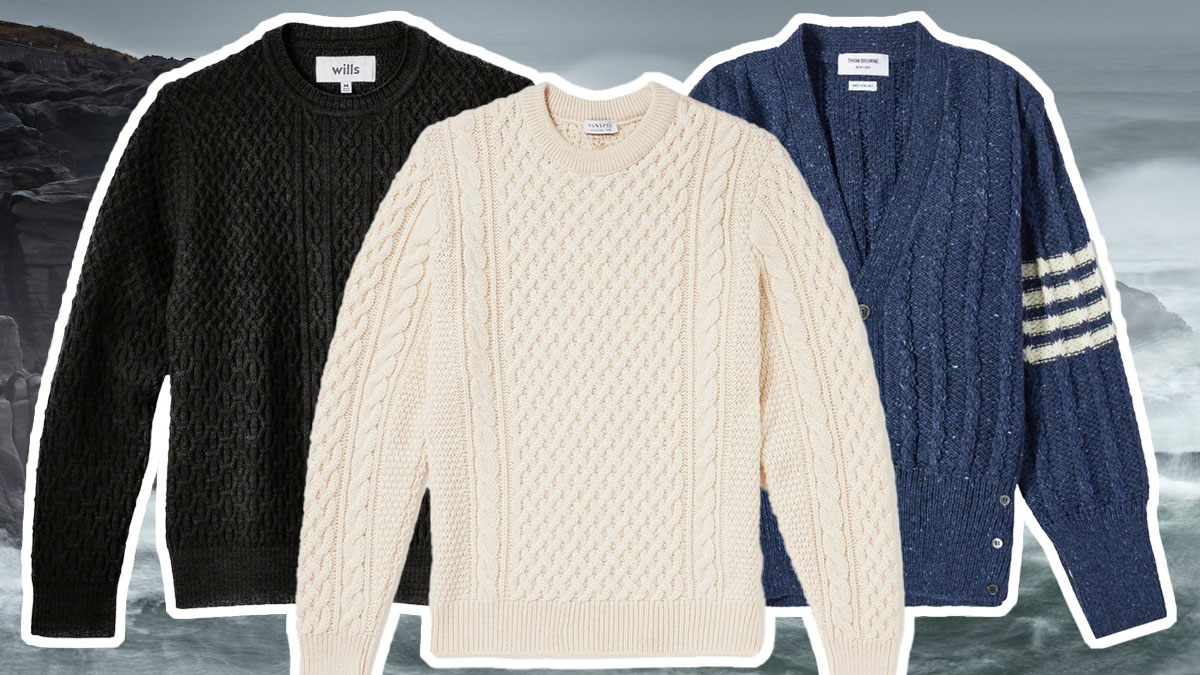a collage of fisherman sweater for men on a ocean background