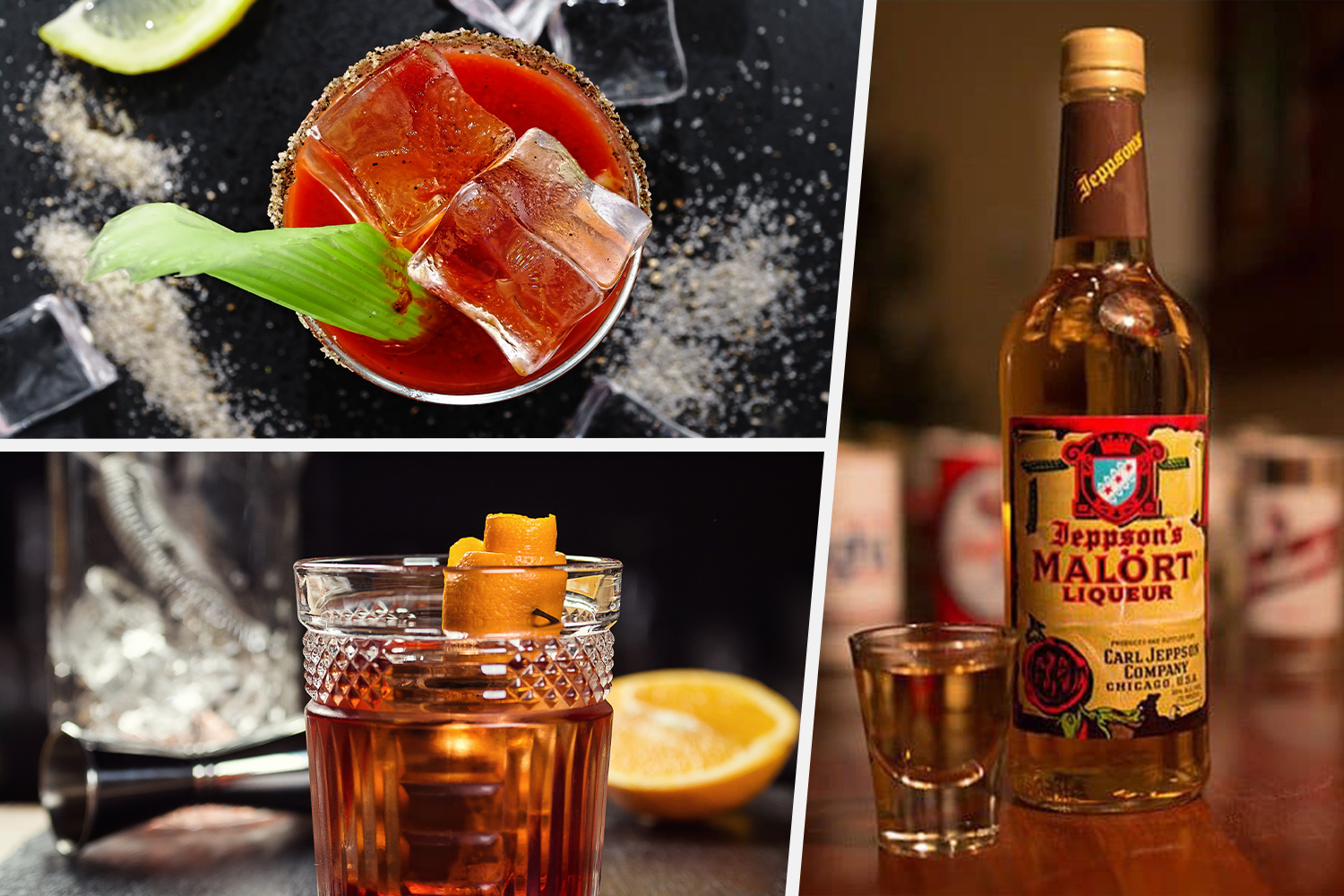 Three cocktails in a collage — an old fashioned, bloody mary and Malört bottle