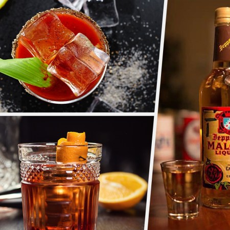 Three cocktails in a collage — an old fashioned, bloody mary and Malört bottle