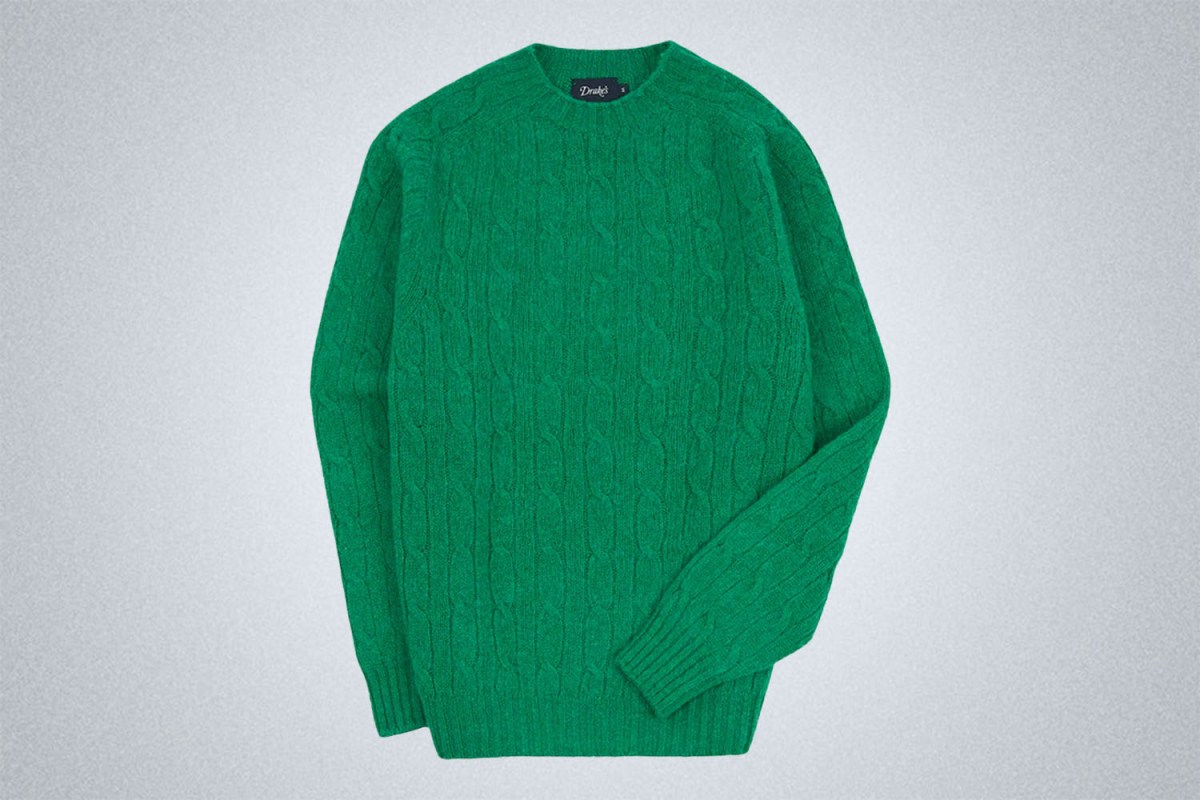 Drake’s Brushed Shetland Cable Knit Crew Neck Sweater