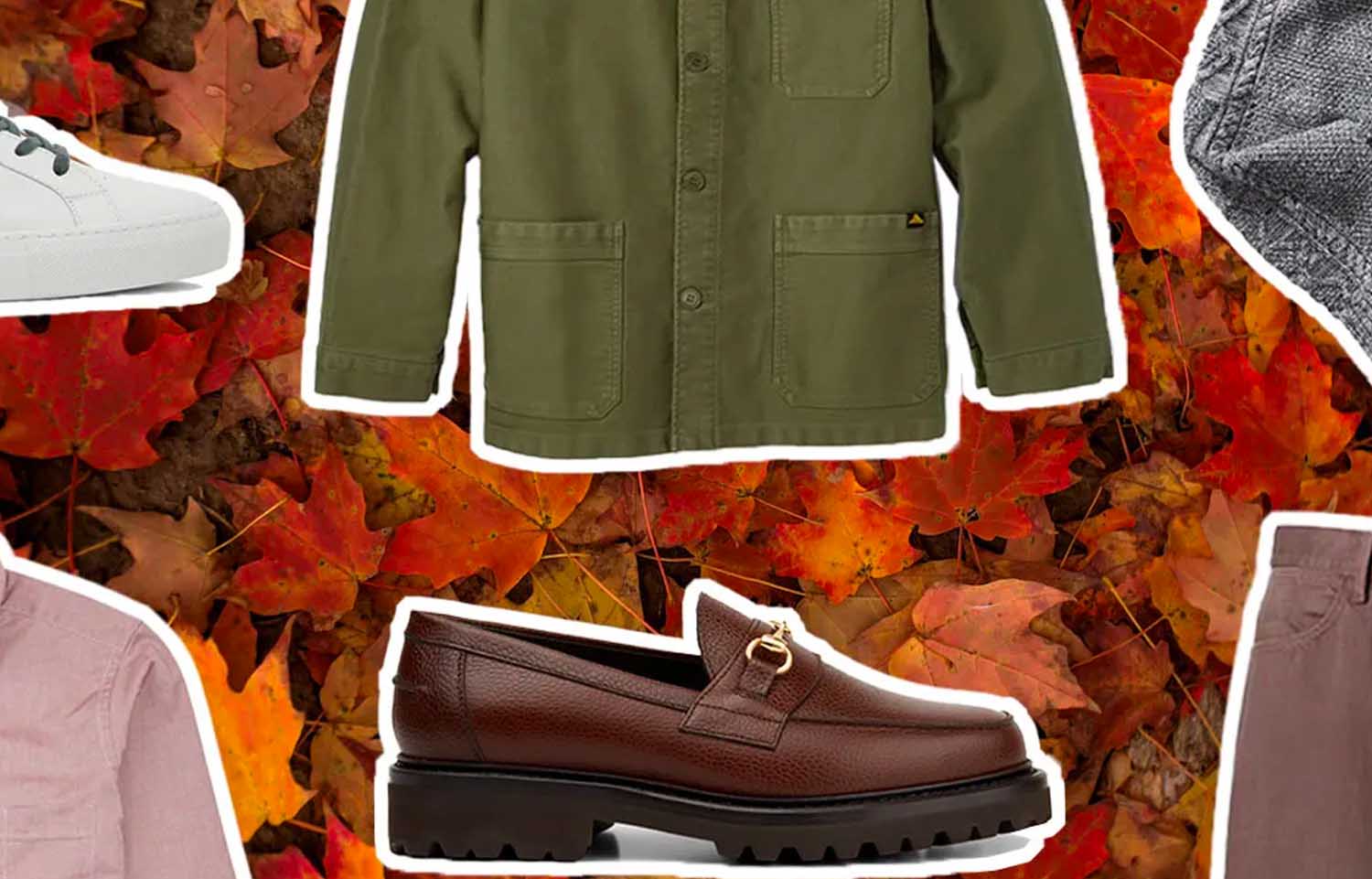 a collage of items from the InsideHook fall style guide on a leafy background