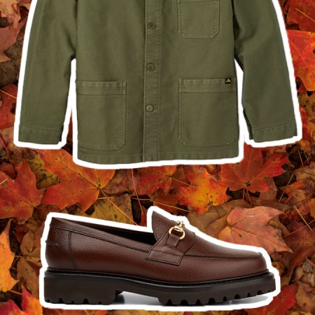 a collage of items from the InsideHook fall style guide on a leafy background