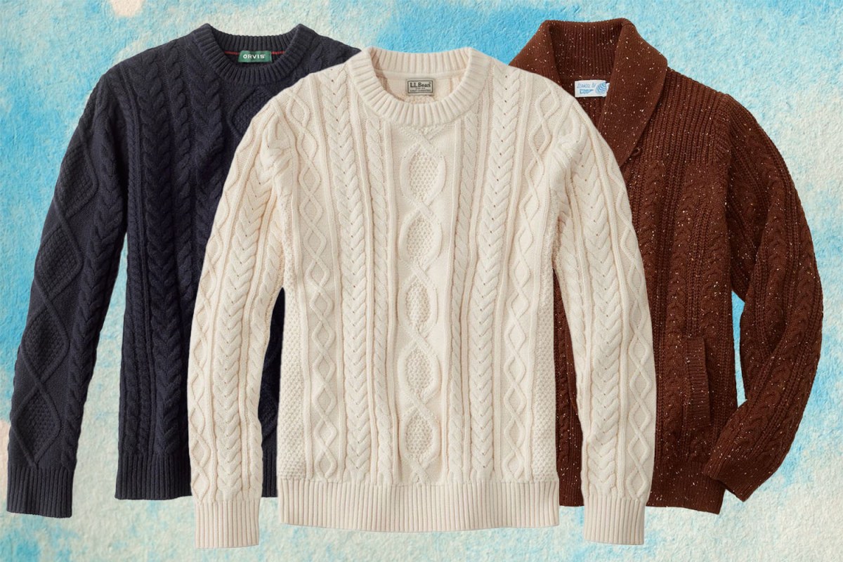 a collage of fisherman sweater for men on a ocean background