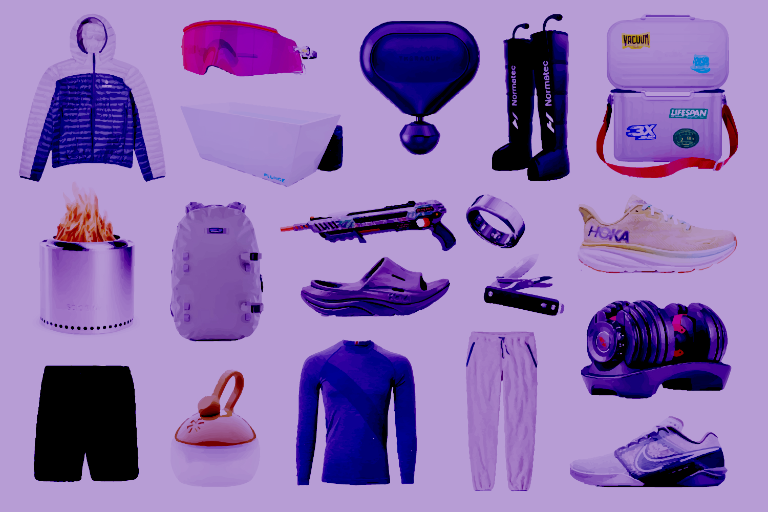 a collage of fitness and outdoor gifts on a purple background