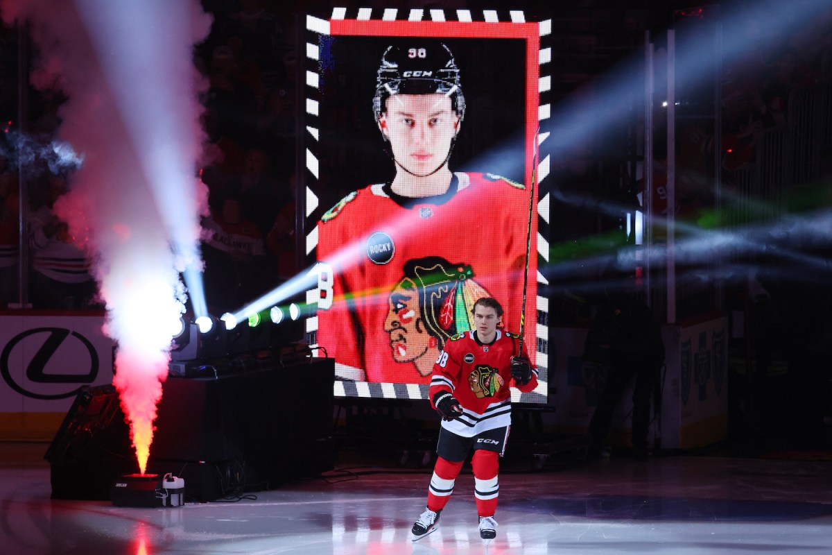 Connor Bedard #98 of the Chicago Blackhawks is introduced prior to the game against the Vegas Golden Knights at the United Center on October 21, 2023 in Chicago, Illinois.