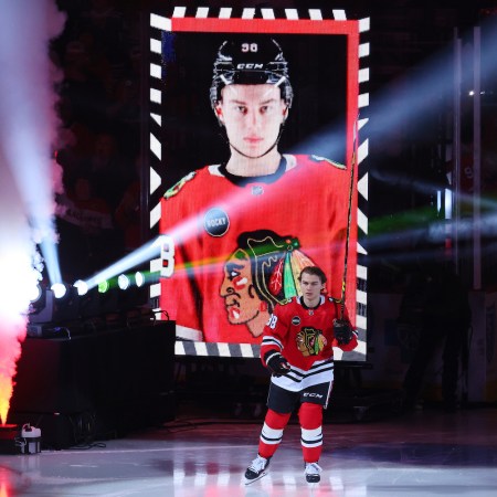 Connor Bedard #98 of the Chicago Blackhawks is introduced prior to the game against the Vegas Golden Knights at the United Center on October 21, 2023 in Chicago, Illinois.