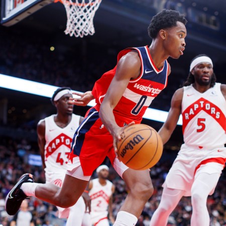 Bilal Coulibaly #0 of the Washington Wizards dribbles the ball during the second half of their NBA game against the Toronto Raptors at Scotiabank Arena
