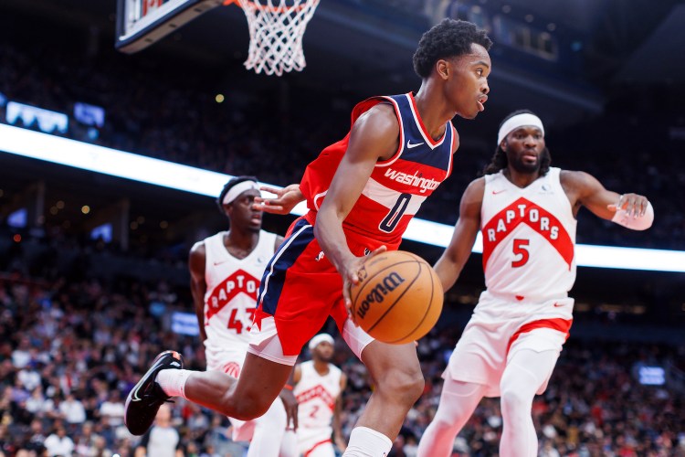 Bilal Coulibaly #0 of the Washington Wizards dribbles the ball during the second half of their NBA game against the Toronto Raptors at Scotiabank Arena
