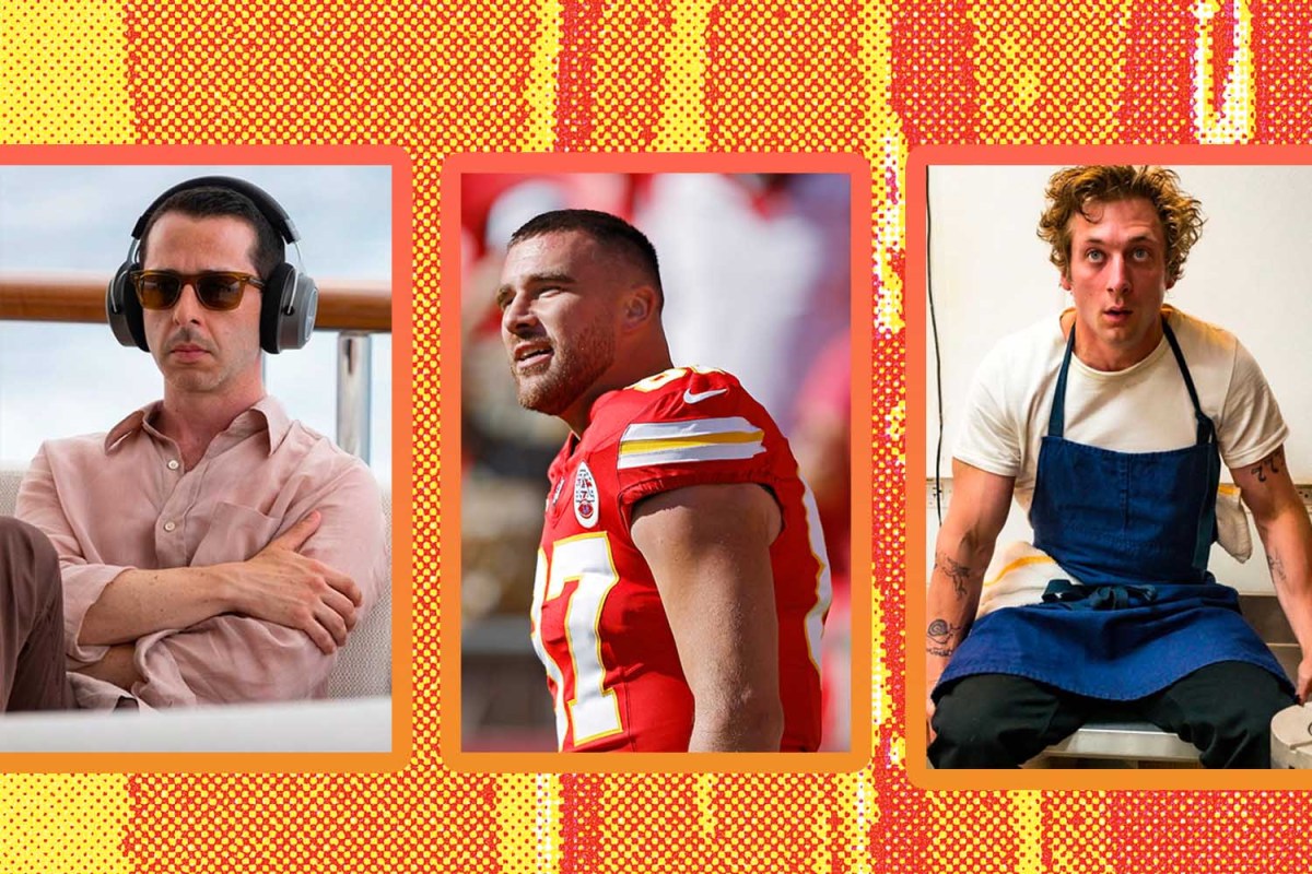 Kendall Roy, Travis Kelce and Carmy from "The Bear" on an orange background