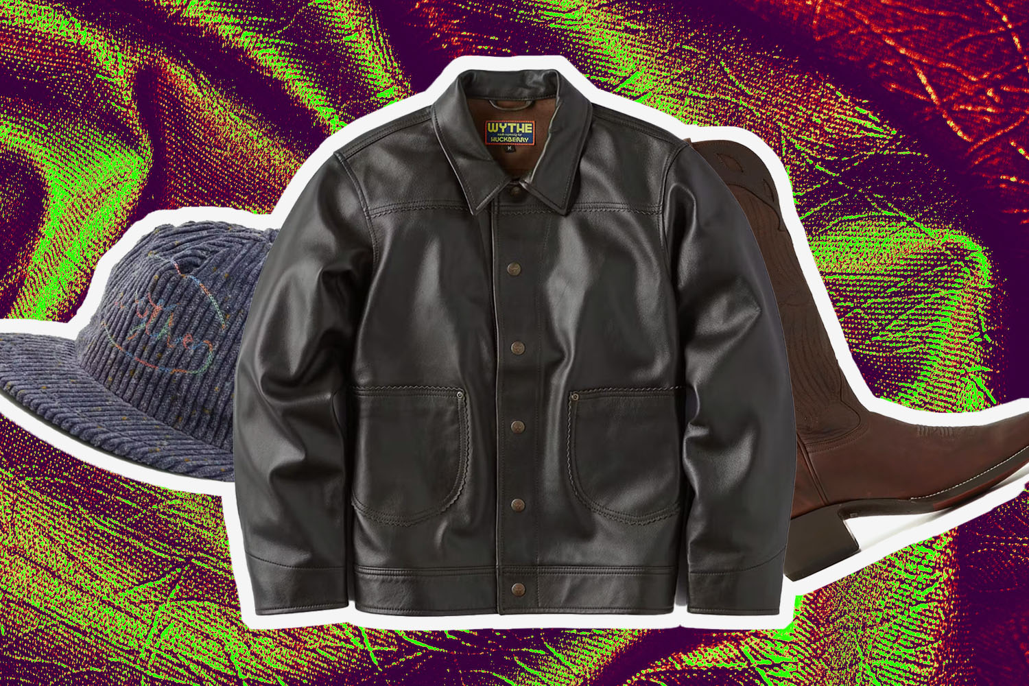 a collage of Huckberry x Wythe on a gold leather background