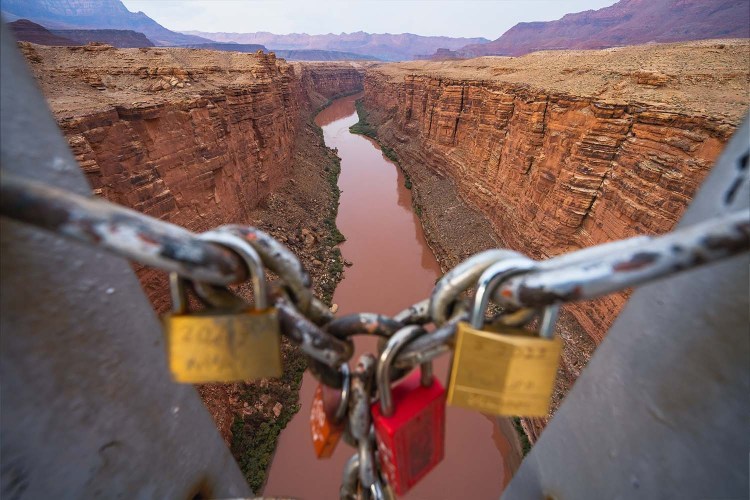 Love locks on the Navajo Bridge in Grand Canyon National Park.