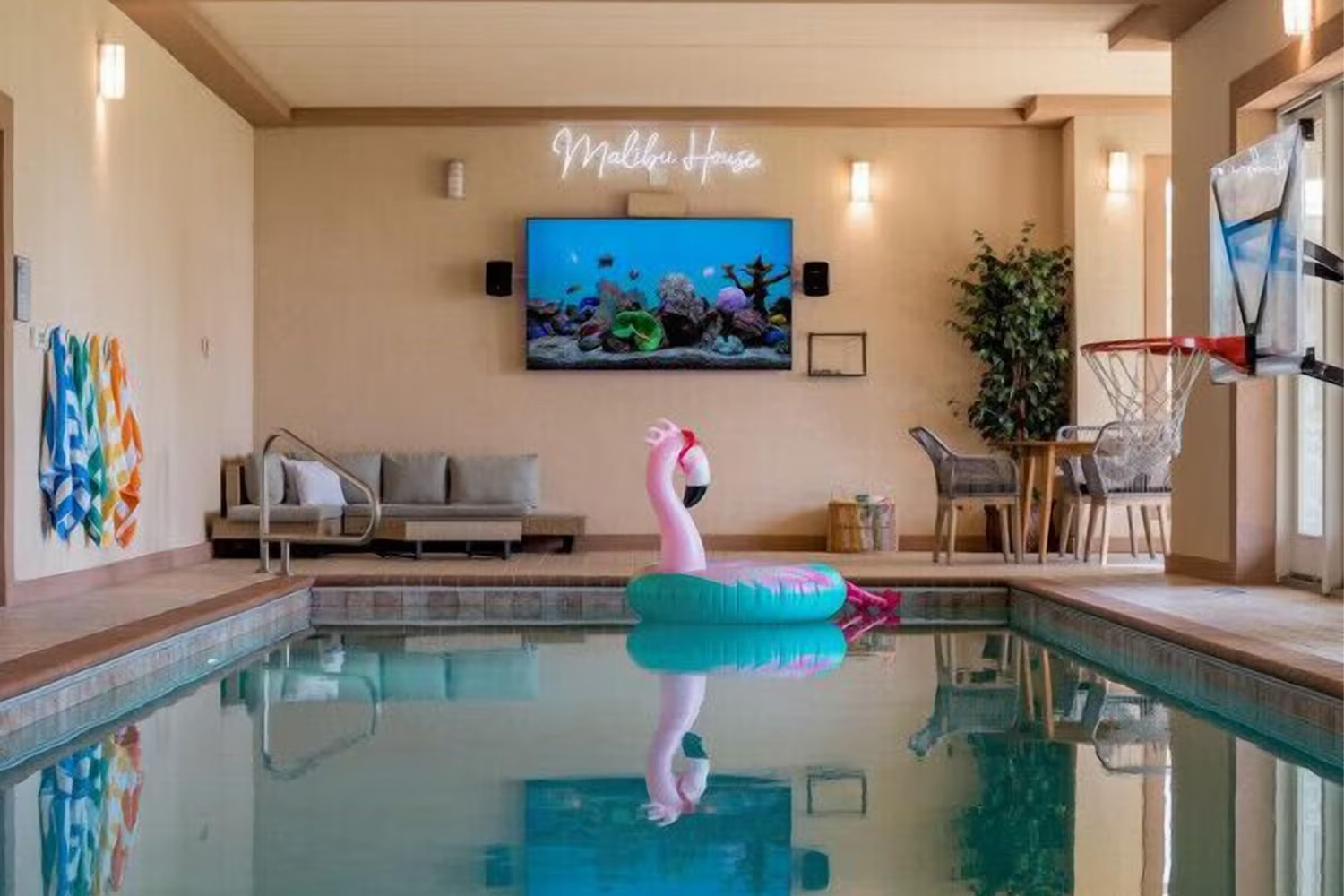 Indoor pool in a lounge area with couches and a TV