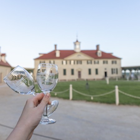 Two wine glasses in front of Mount Vernon