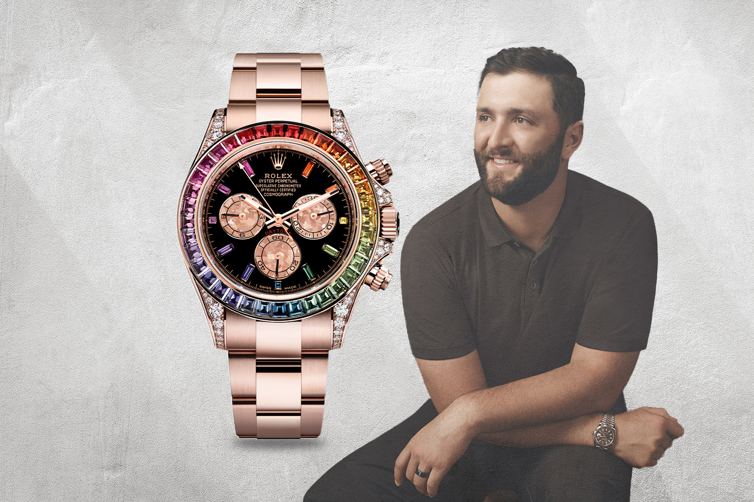 Pink watch next to picture of Jon Rahm