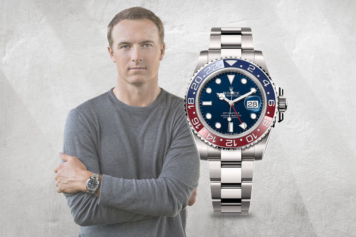 Jordan Speith next to a silver, blue and red watch