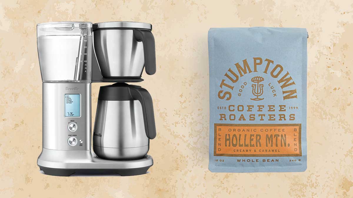 A Breville drip coffee maker and a bag of Stumptown coffee