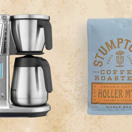 A Breville drip coffee maker and a bag of Stumptown coffee