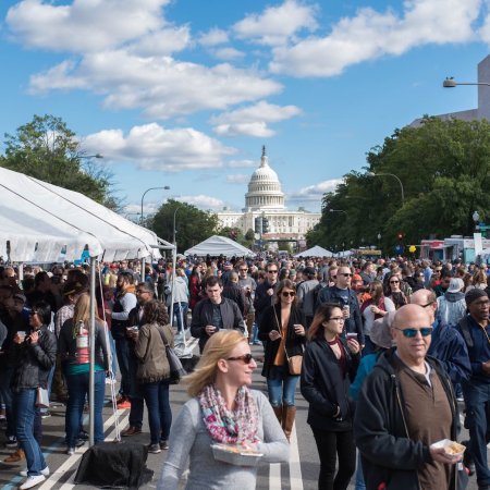Crowd of people and tents in front of Capitol Hill for the beer festival Snallygaster
