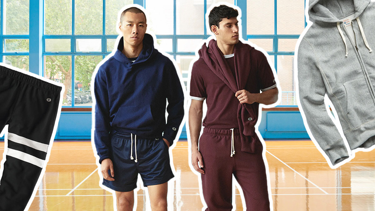 a collage of models and apparel from the Todd Snyder + Champion collection on a gym background