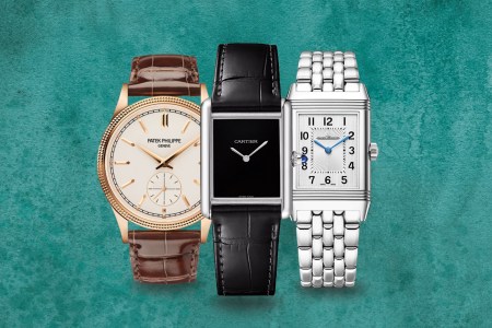 Brown, cream and gold watch; black square watch; silver and white square watch