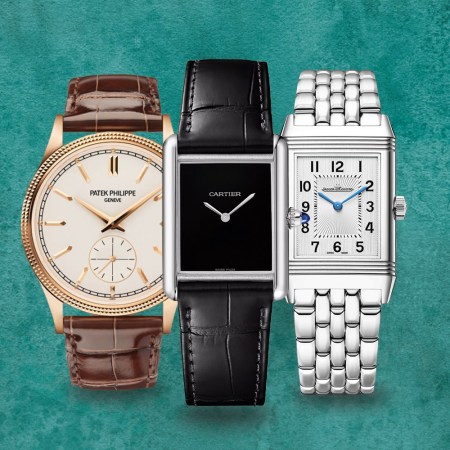 Brown, cream and gold watch; black square watch; silver and white square watch
