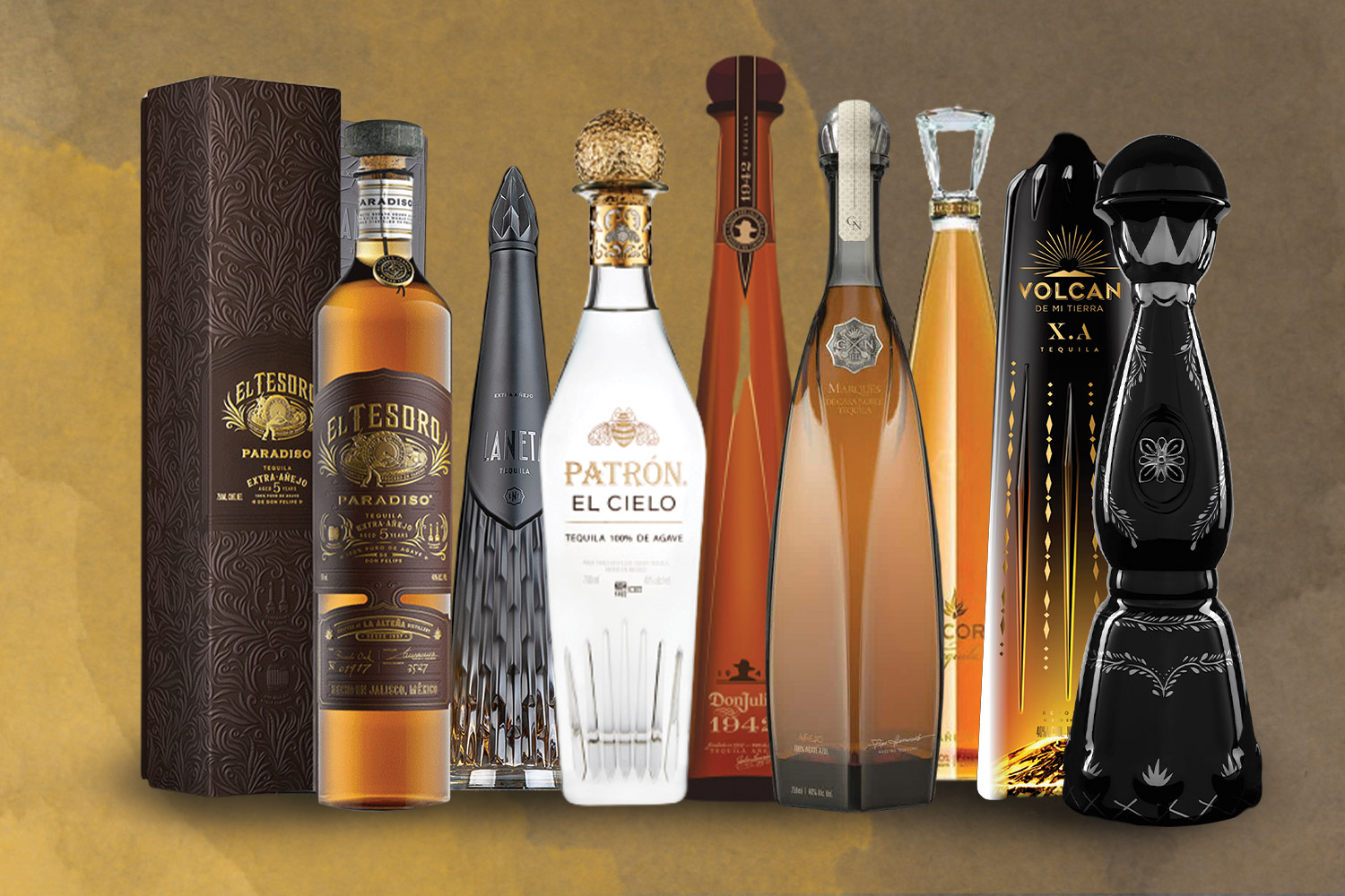 tequila bottles on gold texture background