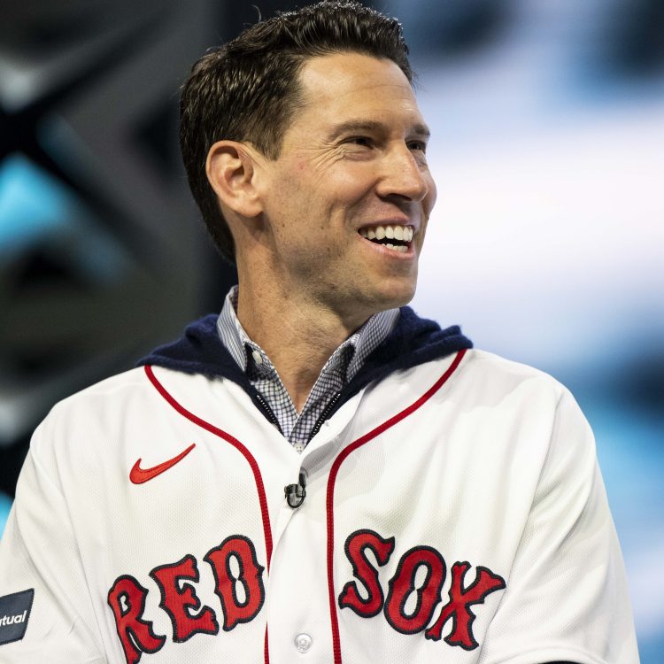Former Rex Sox pitcher Craig Breslow speaks at a team event in 2023.