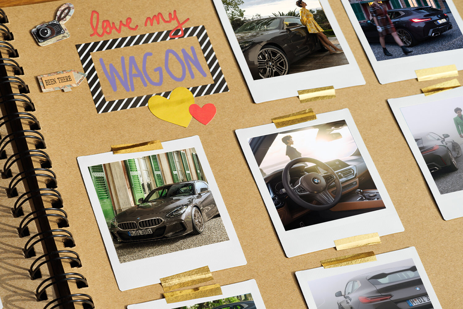 A scrapbook with photos of a station wagon or shooting brake, specifically the BMW Concept Touring Coupe