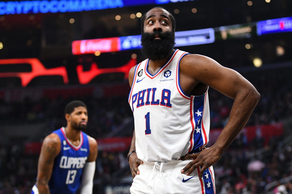 James Harden, who was just traded from the Philadelphia 76ers to the Los Angeles Clippers, looks on during an NBA game.