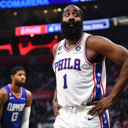 James Harden, who was just traded from the Philadelphia 76ers to the Los Angeles Clippers, looks on during an NBA game.