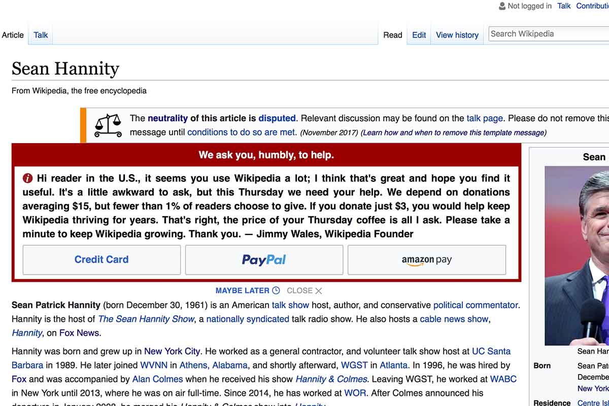 A donation ask on Wikipedia