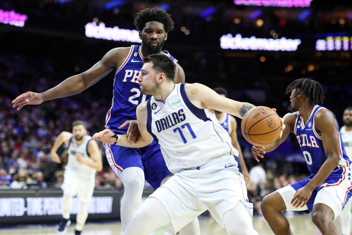 Luka Doncic drives against Joel Embiid, preparing for his signature step-back.