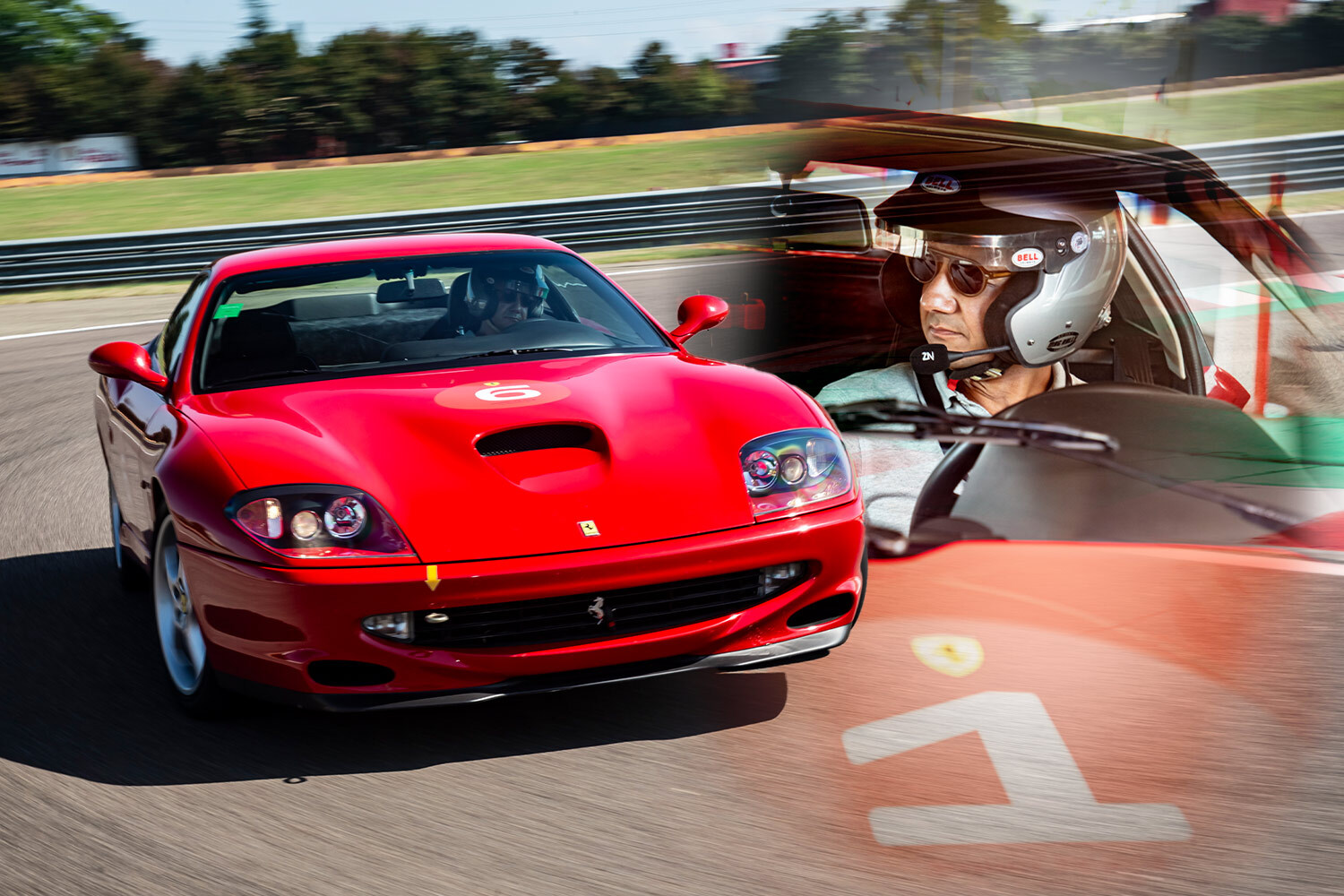 Automotive writer Basem Wasef behind the wheel of a classic Ferrari at the brand's Corso Pilota Classiche driving school