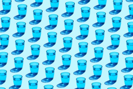A series of water cups against a blue background.