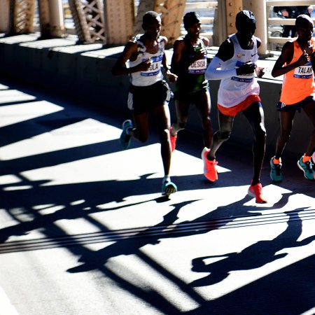 A pack of elite runners at the front of the New York Marathon. Want to run faster? Try using heart rate zones.