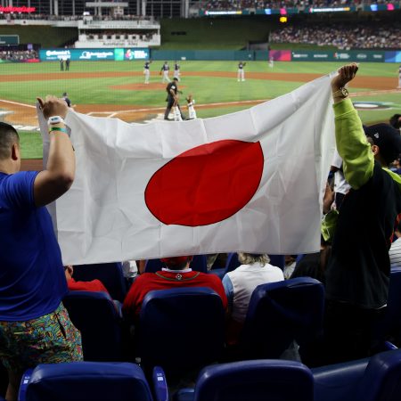 Fans hold up a Japanese flag during the 2023 World Baseball Classic.