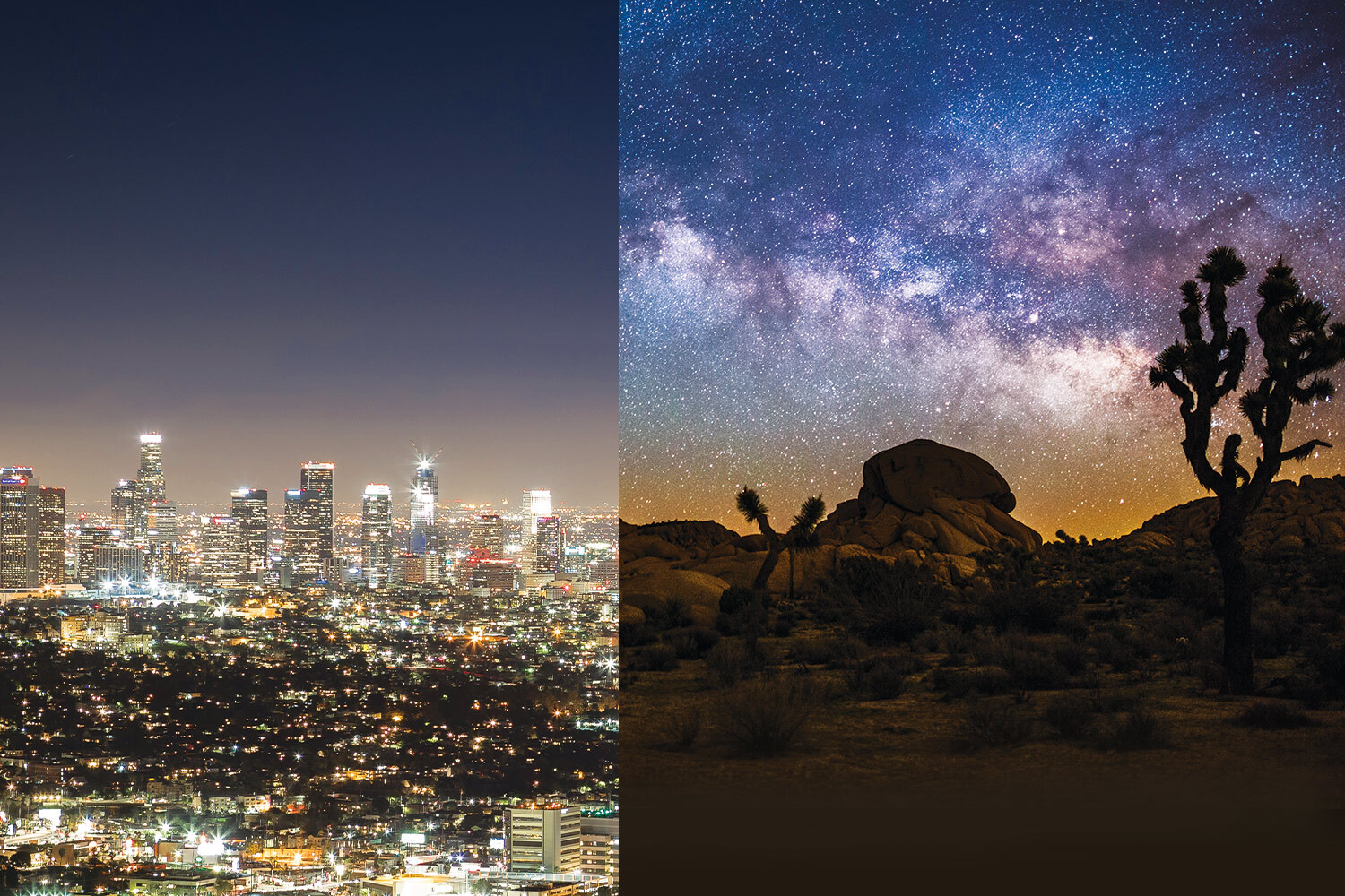Los Angeles lit up with light pollution at night, versus a photo of the stars as seen on a night in the desert