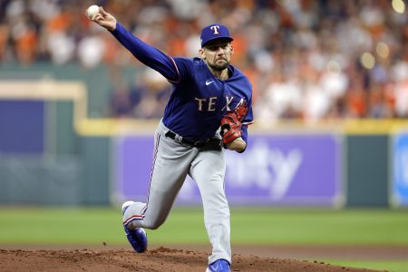 Texas ace Nathan Eovaldi throws a pitch.