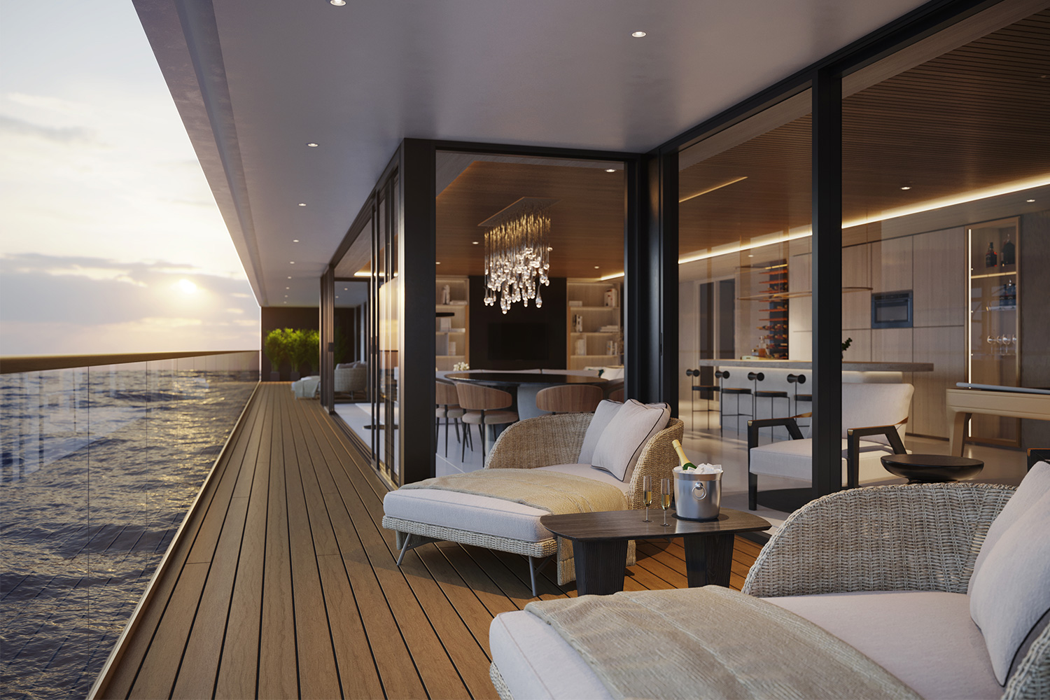 A rendering of an apartment on the Somnio, a residential cruise ship
