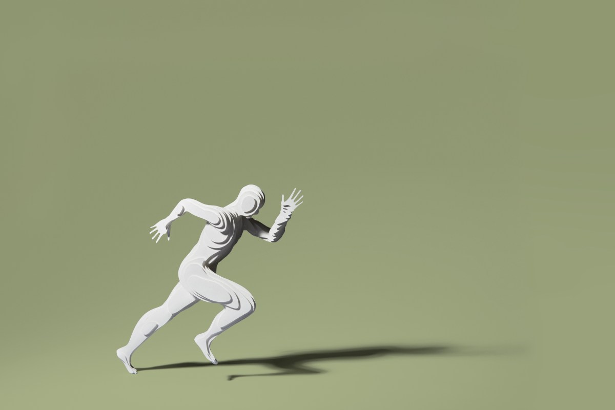 A figure running against a green background.