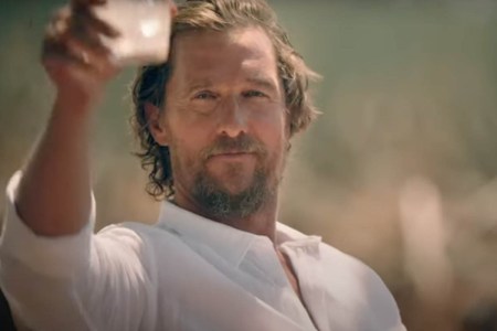Matthew McConaughey drinking a margarita. The actor has a new tequila out called Pantalones.
