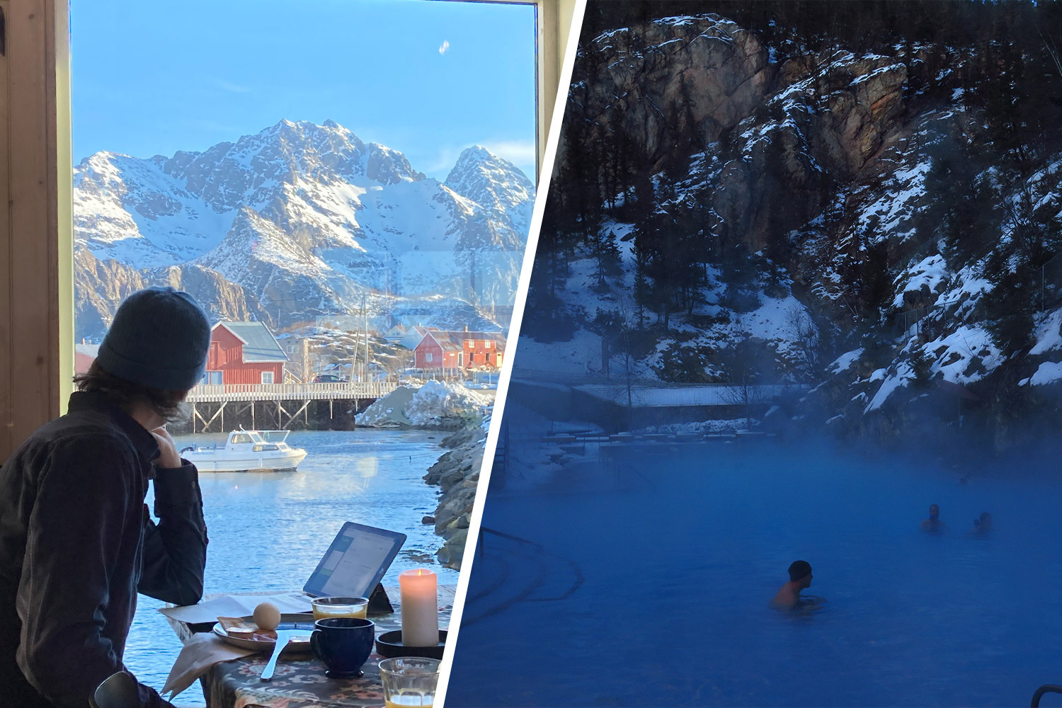 One photo of a man working on a laptop with a beautiful vista outside his window, and another where is bathing in a hot spring.