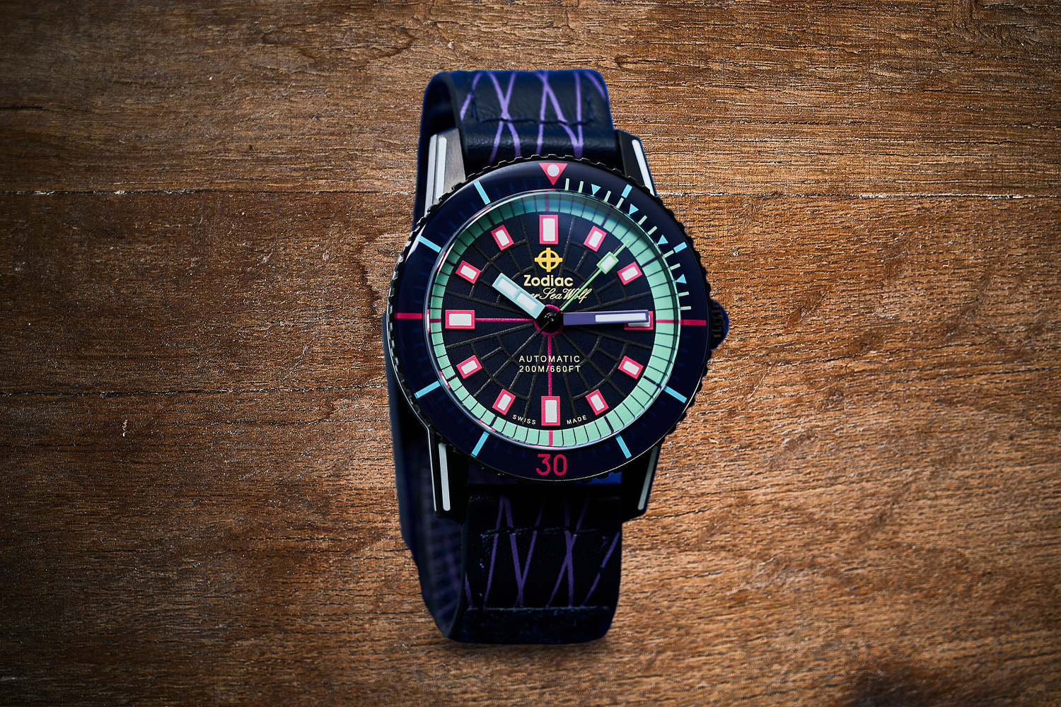Black, blue, purple and pink watch