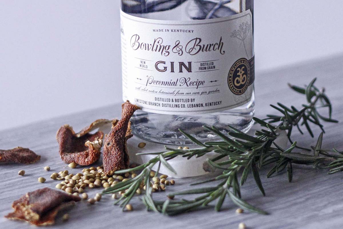 close-up of the award-winning Bowling and Burch gin, made in Kentucky