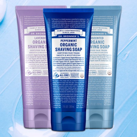 a collage of Dr. Bronner's Shaving Cream on a blue background