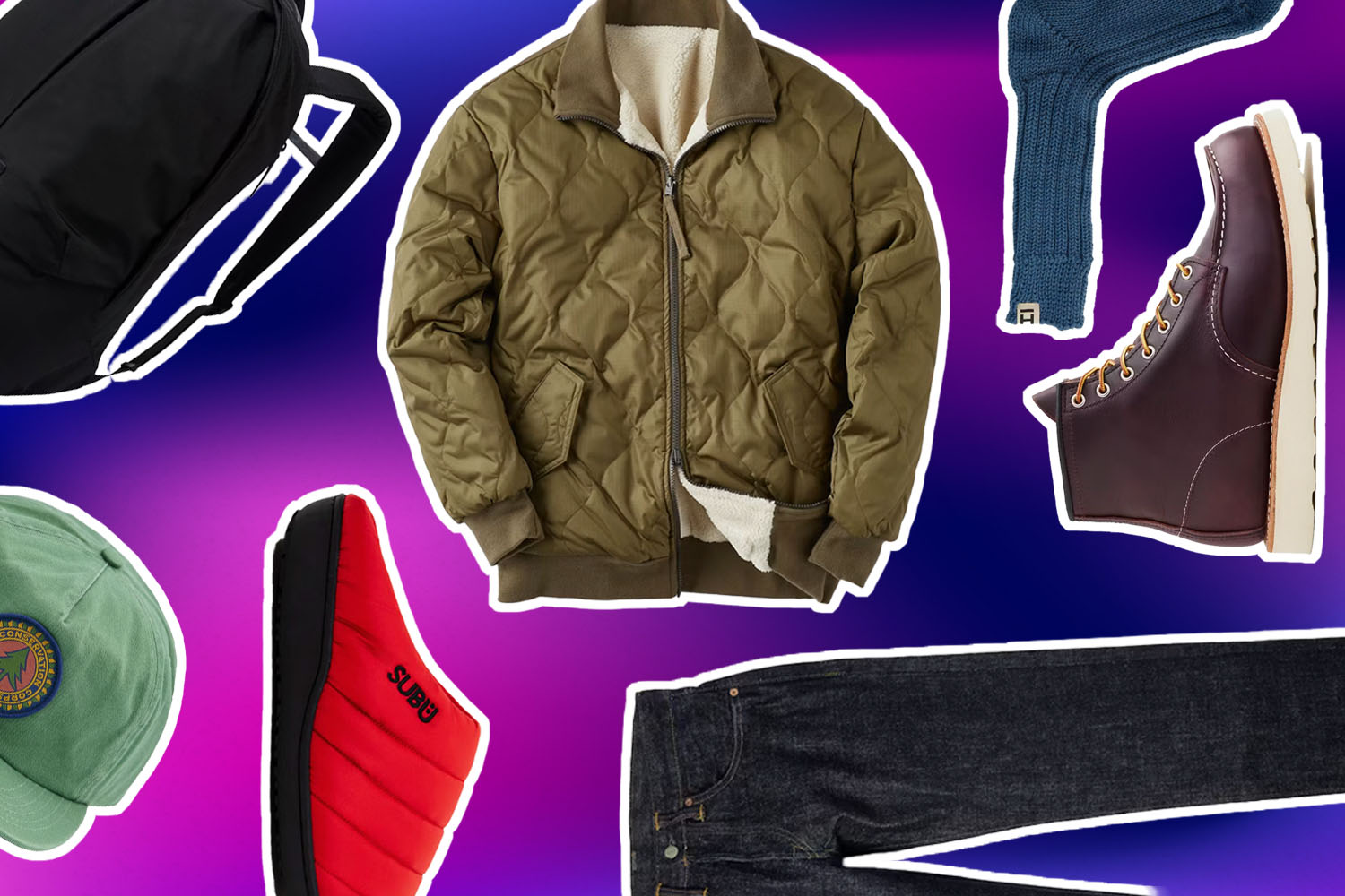 a collage of goods from the Huckberry sitewide sale on a pruple background