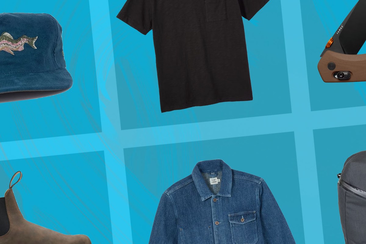 a collage of items from the Huckberry Cyber Monday Sale on a blue background