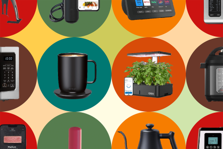 a collage of kitchen gadgets on a circle background
